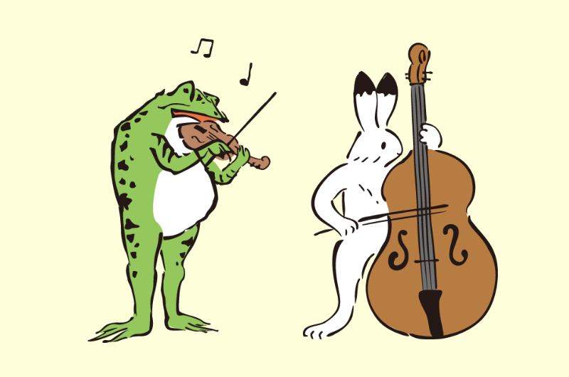 ヴァイオリンを弾くカエルとコントラバスを弾くうさぎの絵